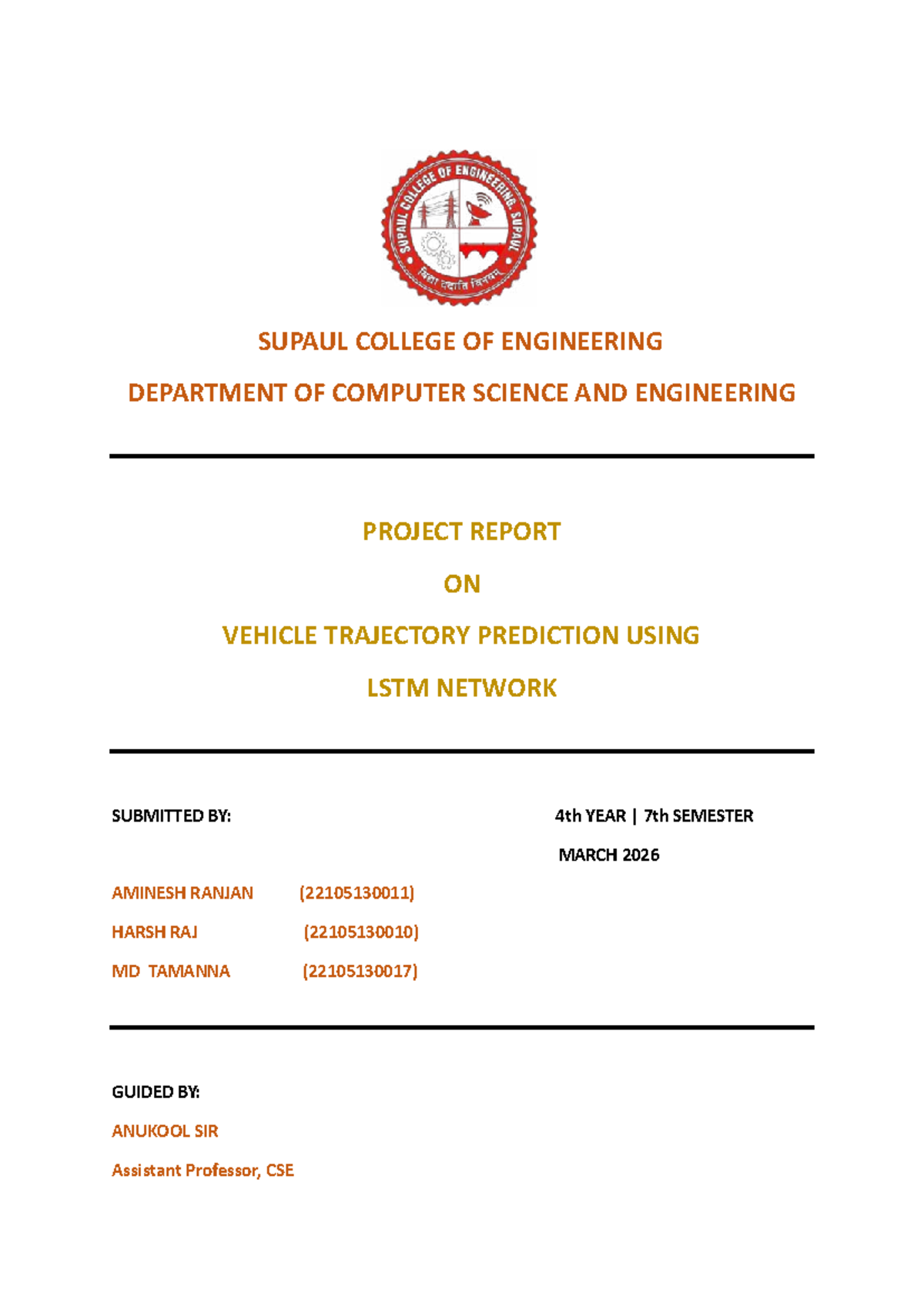 CSE 7th Sem Project Report: Vehicle Trajectory Prediction Using LSTM ...