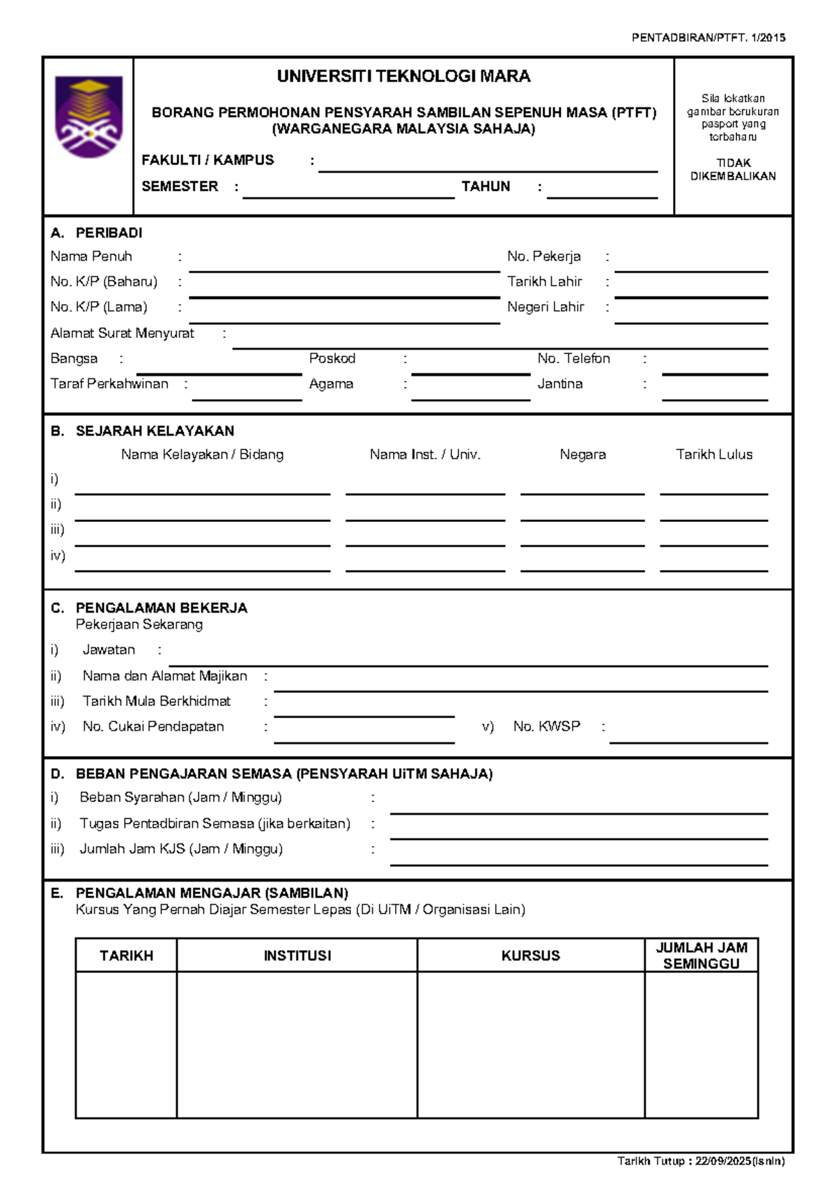 Borang Permohonan Pensyarah PTFT 20254 - Universiti Teknologi Mara ...