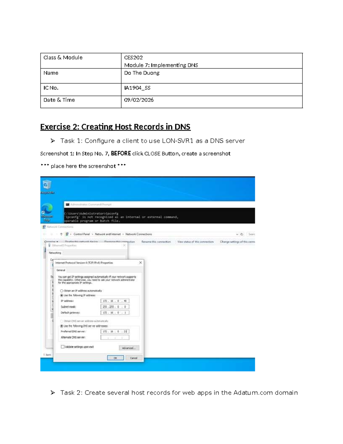 CES202 Module 7: DNS Host Records Creation Lab Exercise - Studocu
