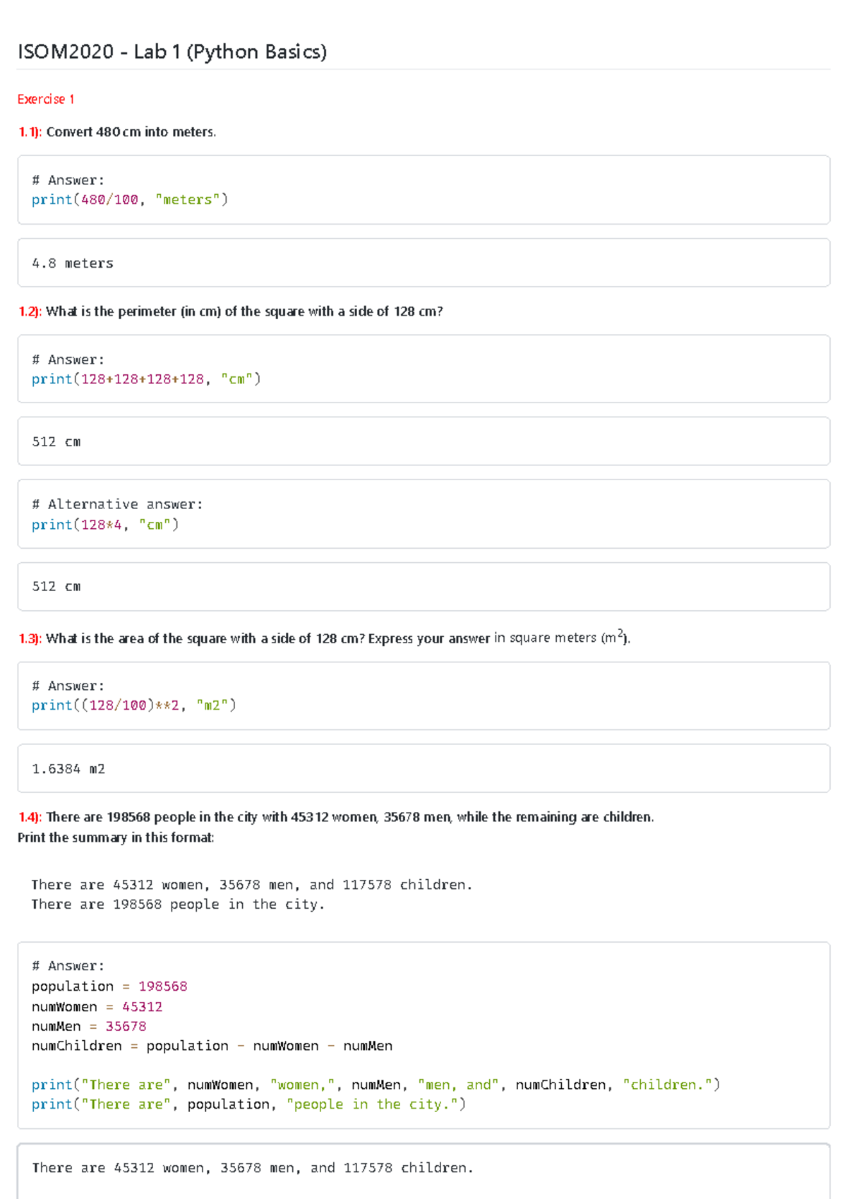 ISOM2020 Lab 1: Python Basics Exercises and Answers - Studocu