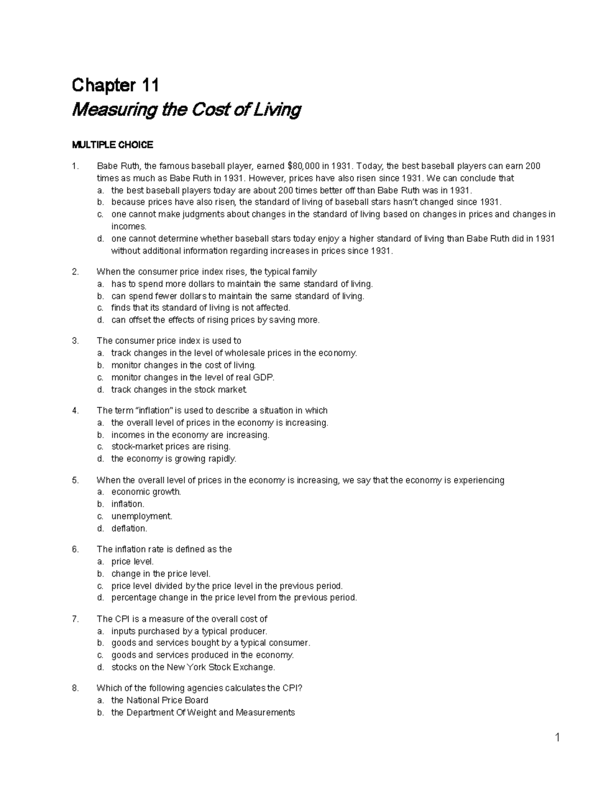 Macroeconomics Practice Test: Chapter 11 - Cost of Living Analysis ...