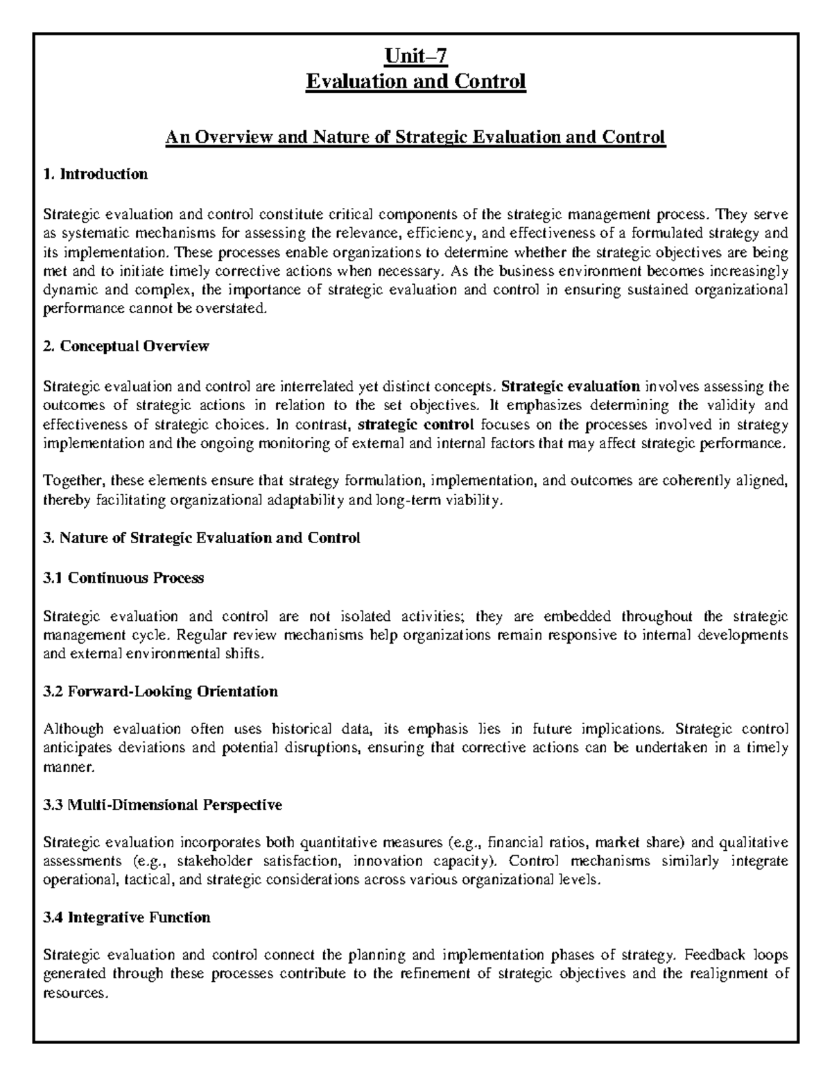CS Unit-7 Notes: Overview of Strategic Evaluation and Control - Studocu