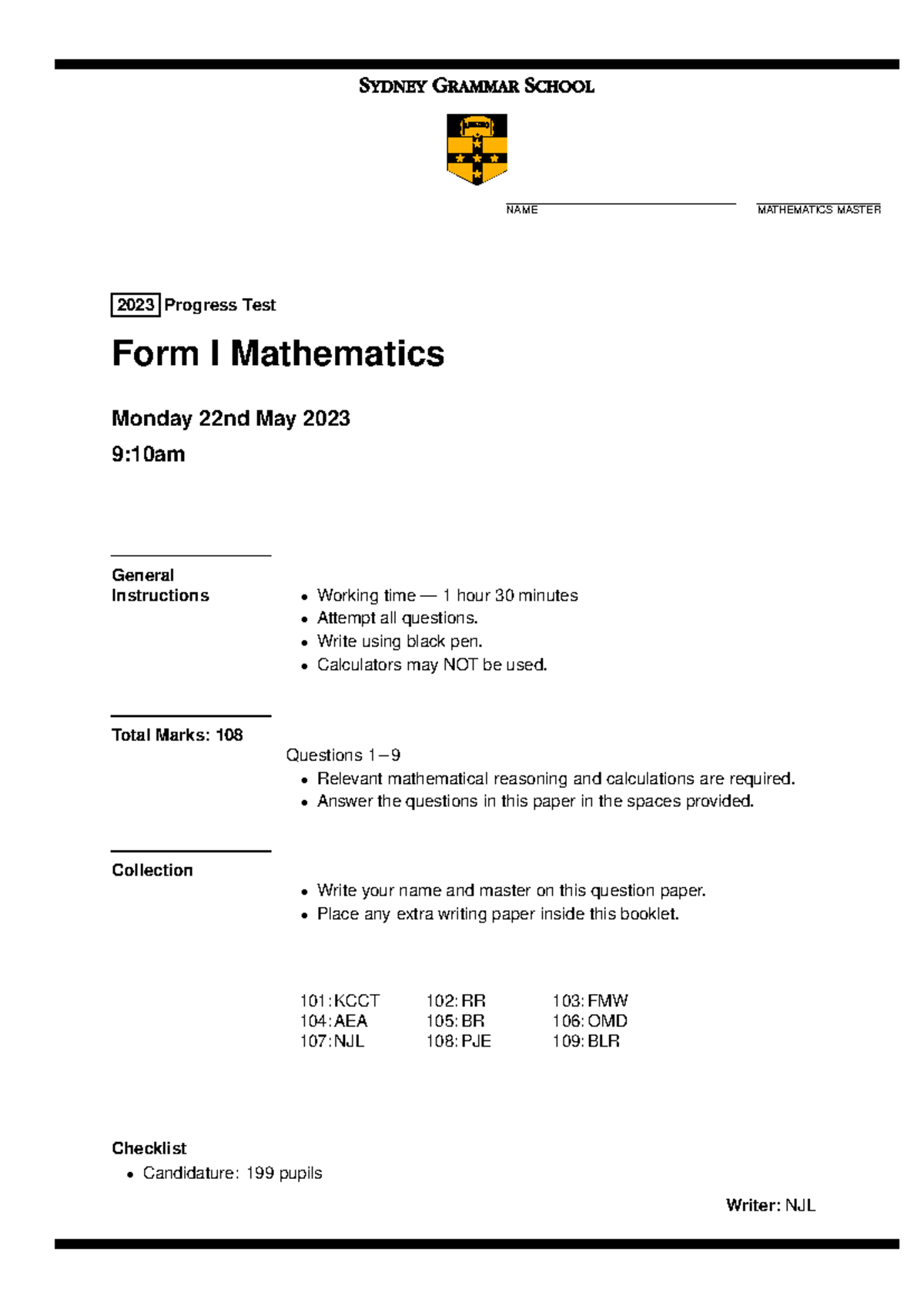 Form I Mathematics Progress Test May 2023 - Studocu