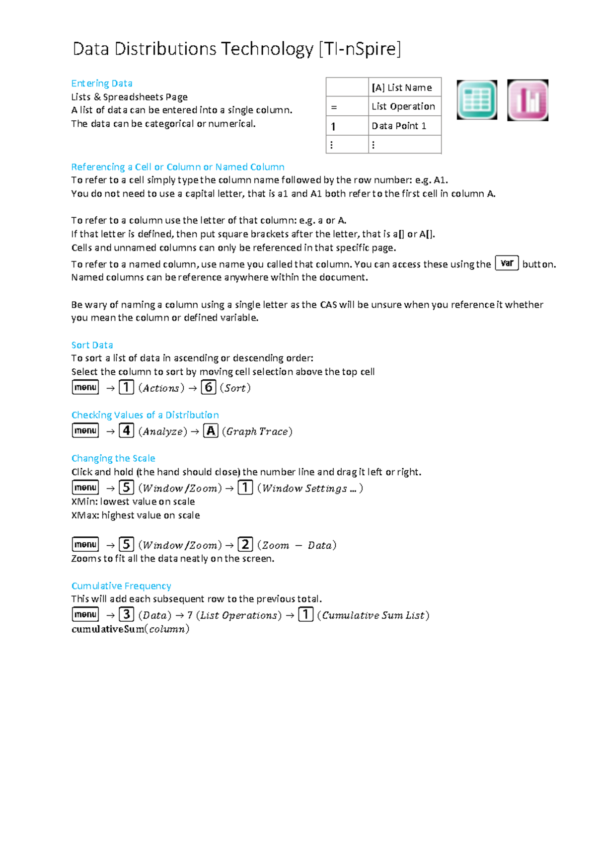 Data Distributions Technology [TI-n Spire] - Entering Data Lists ...