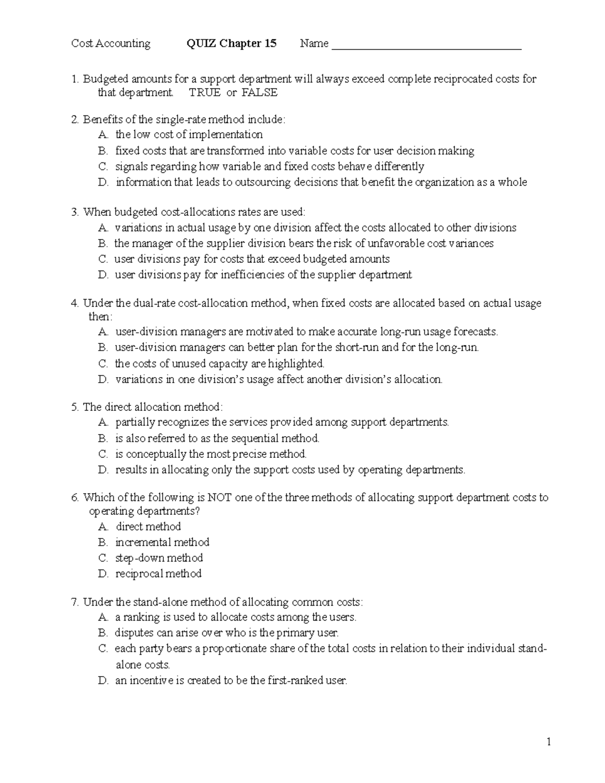 Cost Accounting Quiz Answers - Qch15: Chapter 15 Analysis - Studocu