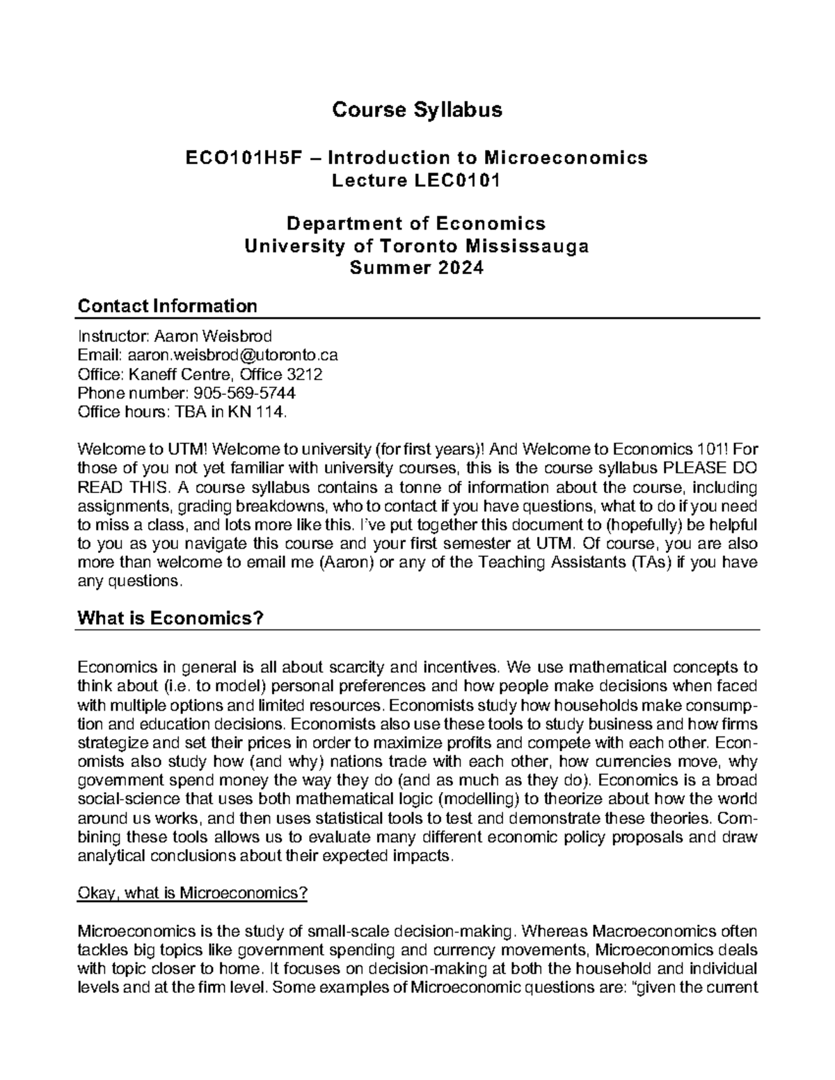 ECO101H5F Syllabus: Introduction to Microeconomics - Summer 2024 - Studocu