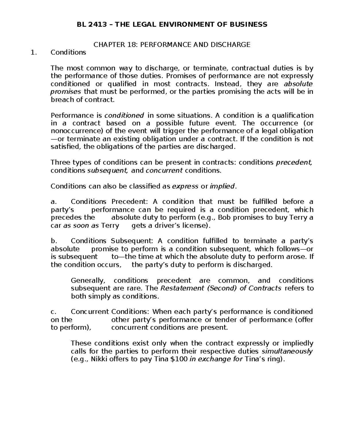 BL 2413 Chapter 18 & 19 Outline: Performance, Discharge & Remedies ...