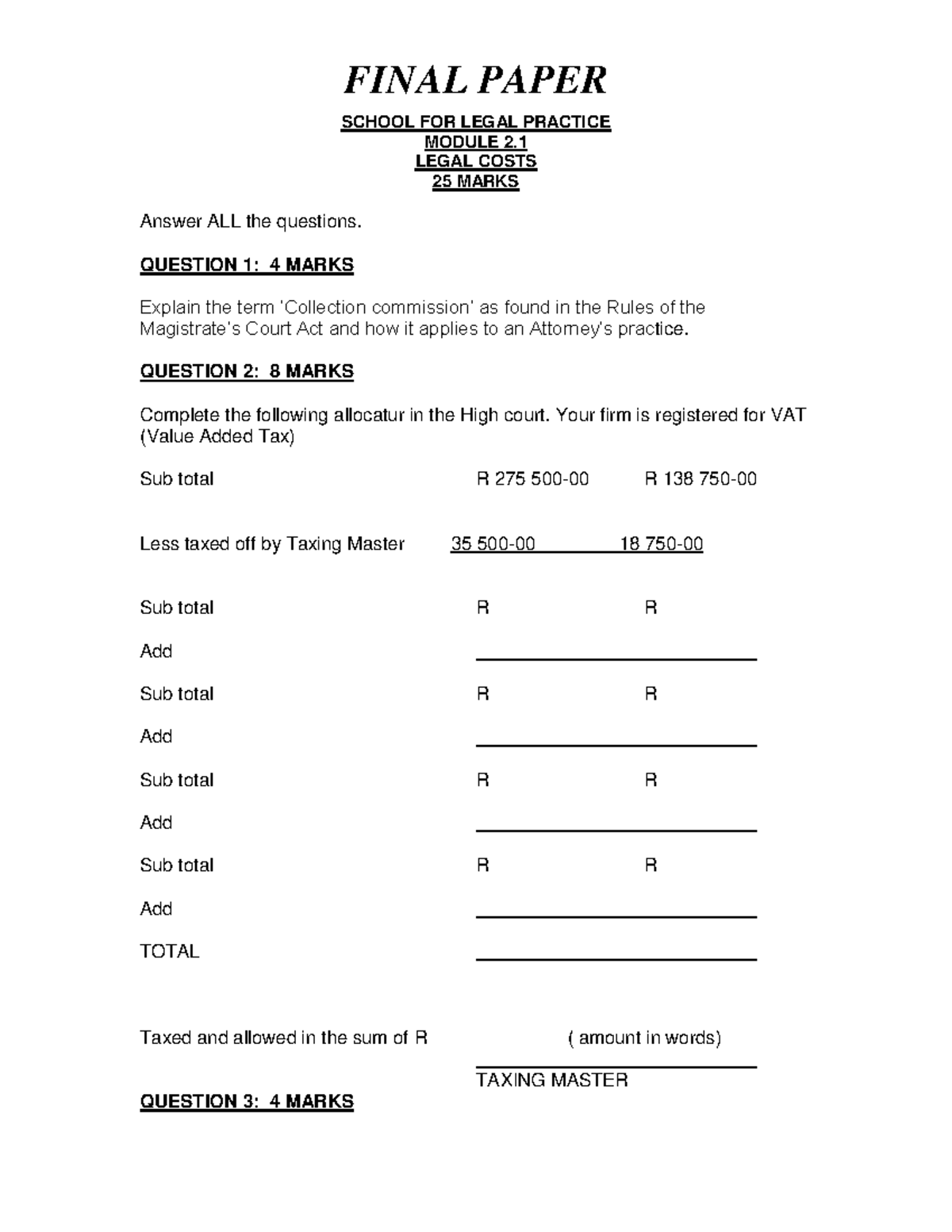 COS-2.1 Final Paper: Legal Costs & Taxation Questions - Studocu
