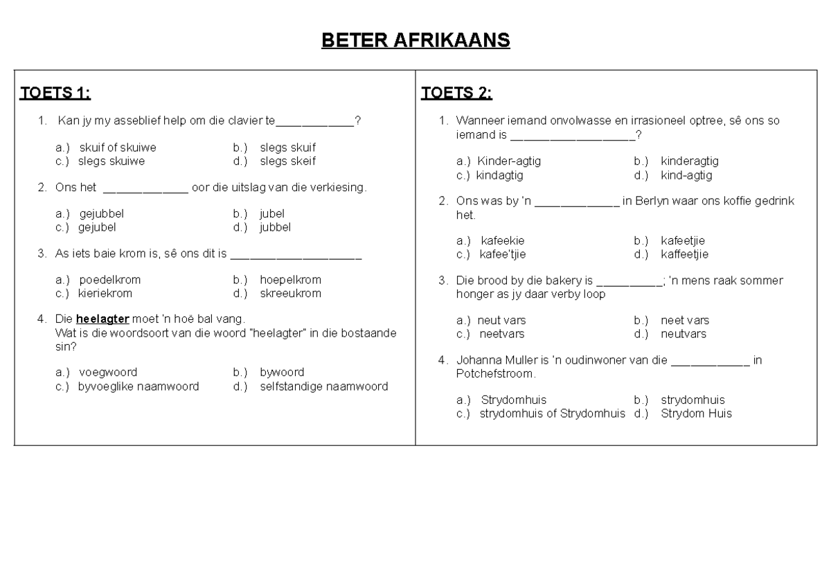 BETER AFRIKAANS TOETSEN: Oefenvrae en Antwoorde - Studocu