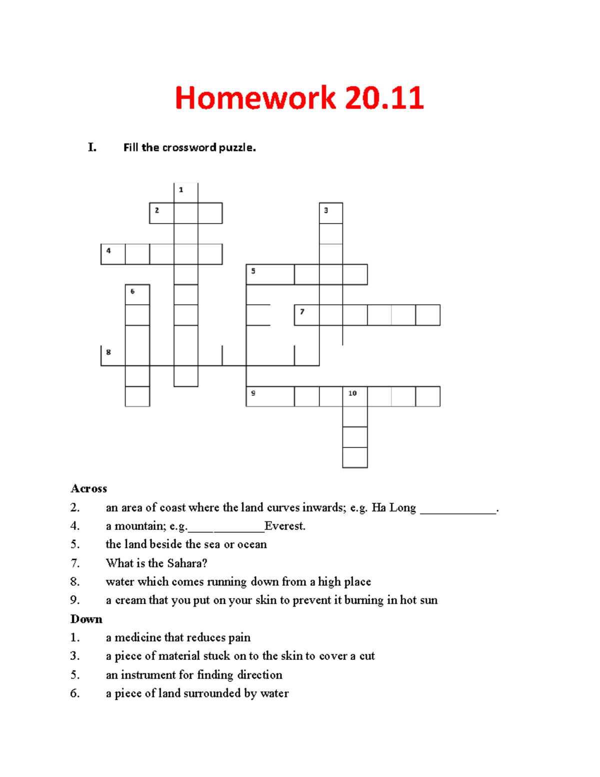 Đáp án Homework 20 - cdvv gvsdv - Homework 20. I. Fill the crossword ...