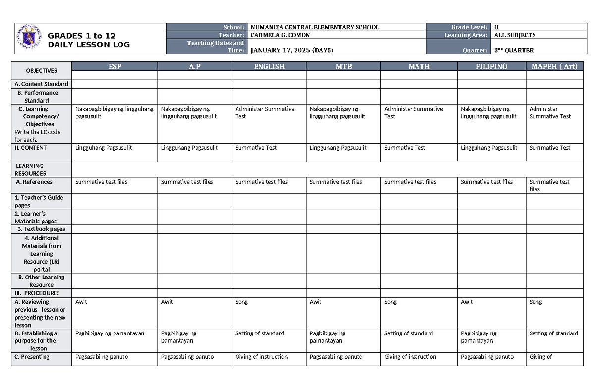 DLL for All Subjects (Grades 1-12) - Week 2, Day 5, Q3 - Studocu