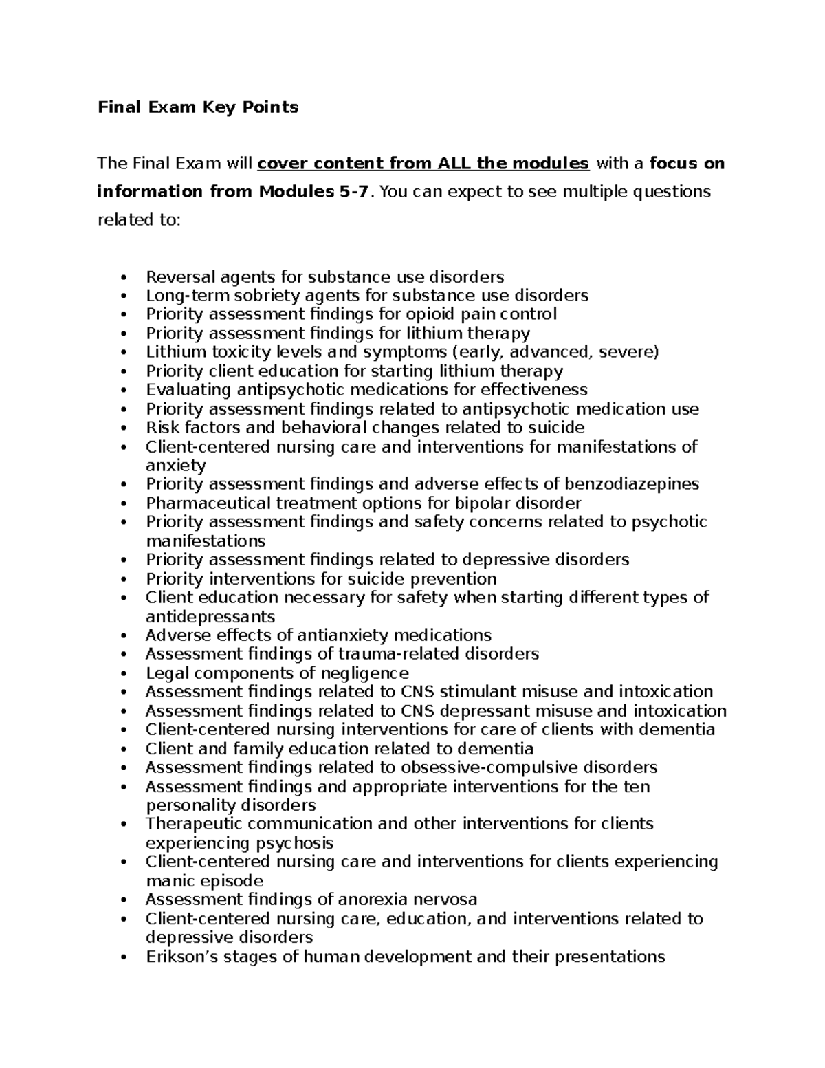 Final Exam Key Points: Mental Health Disorders & Nursing Care - Studocu