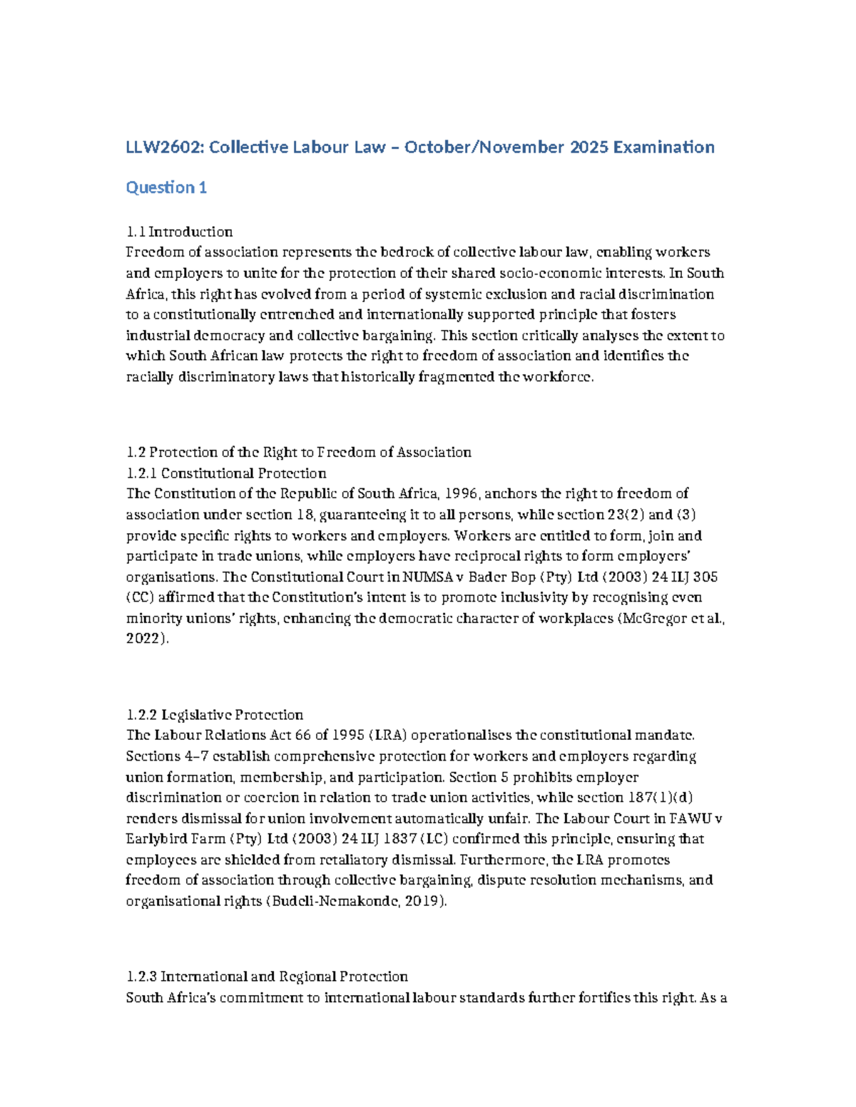 LLW2602: Final Exam Solutions on Collective Labour Law 2025 - Studocu