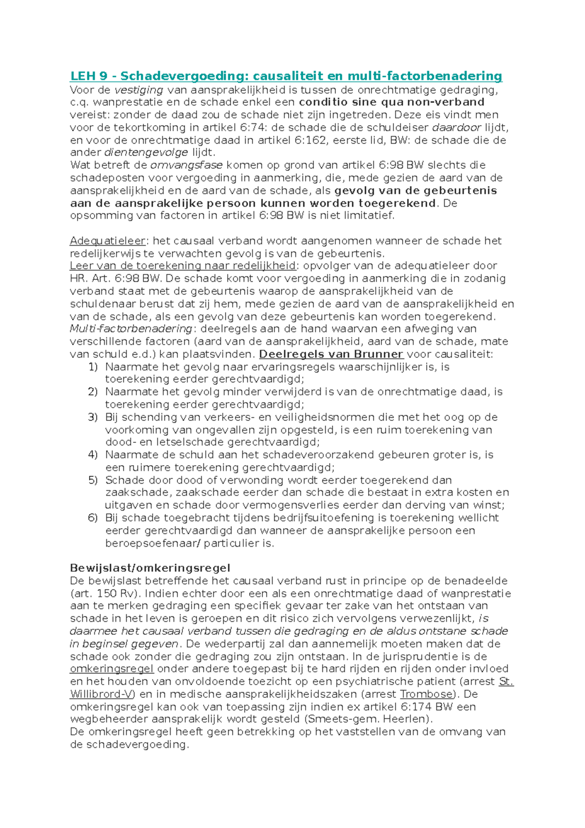 LEH 9 - Samenvatting Schadevergoeding en Causaliteit in ...