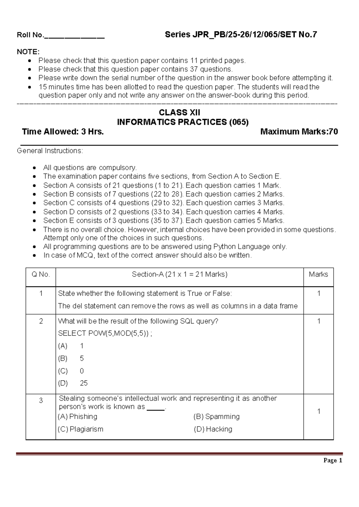 QP PB IP 7 - Class XII Informatics Practices Question Paper - Studocu