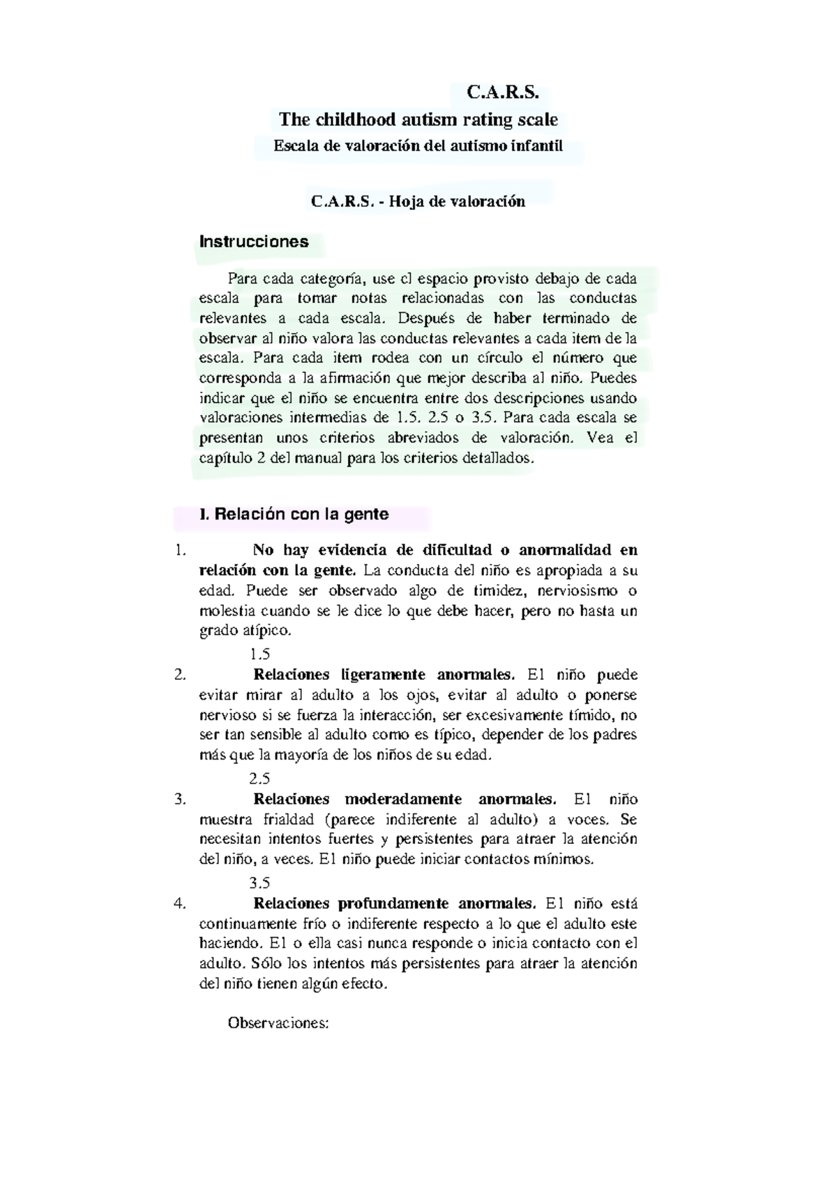 C.A.R.S. Escala de Valoración del Autismo Infantil - Instrucciones y ...