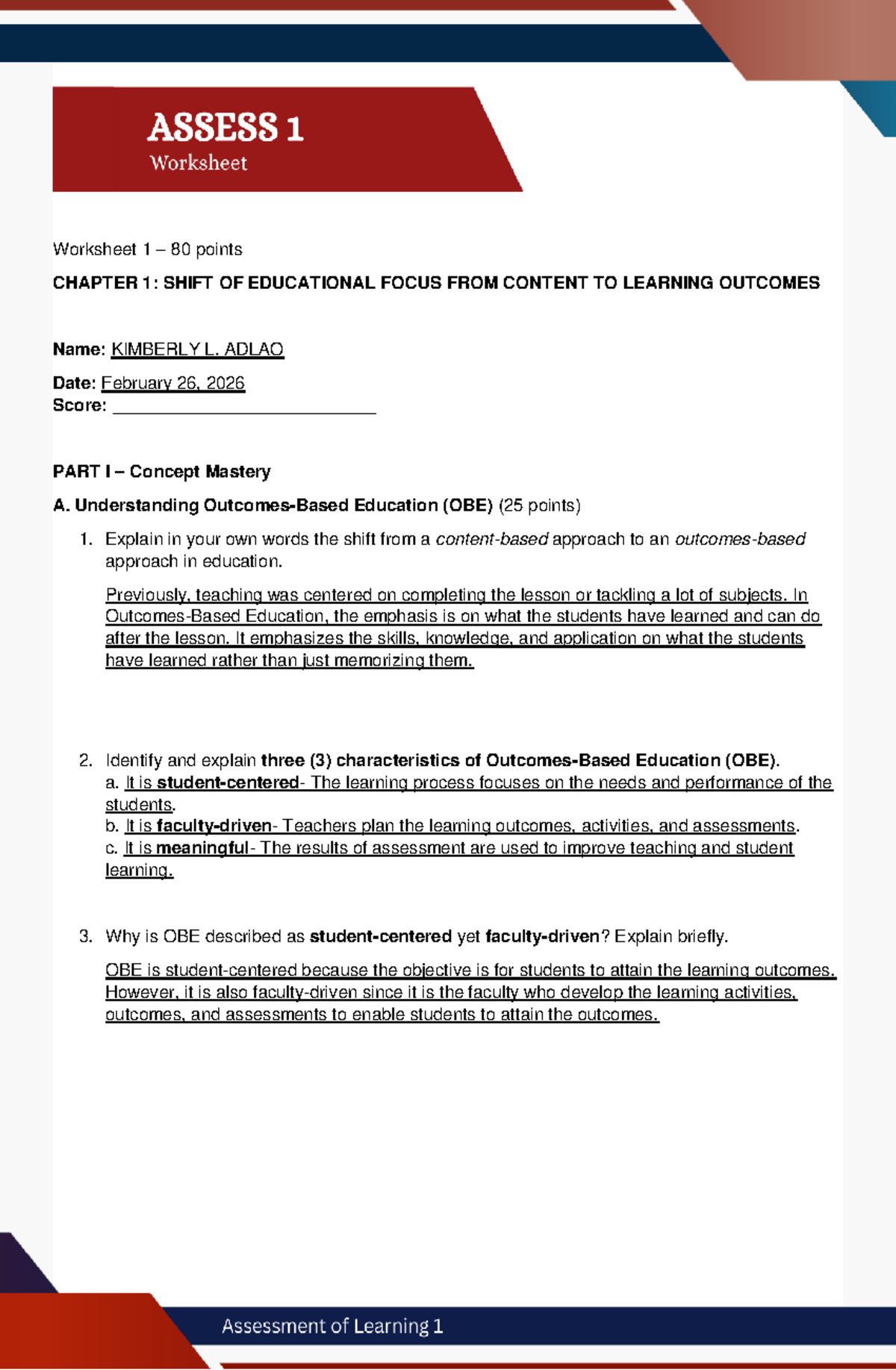 Worksheet 1: Chapter 1 - Shift to Learning Outcomes (80 pts) - Studocu