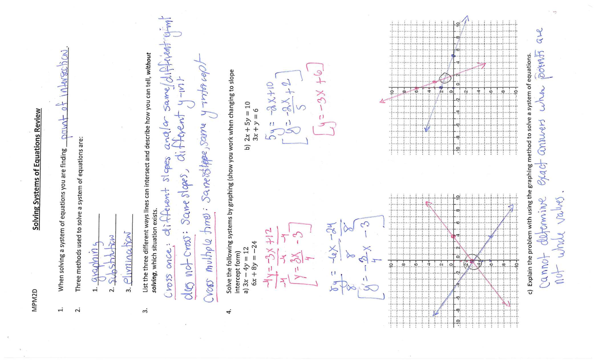 MPM2D Final Exam Review: Solving Systems of Equations Solutions - Studocu