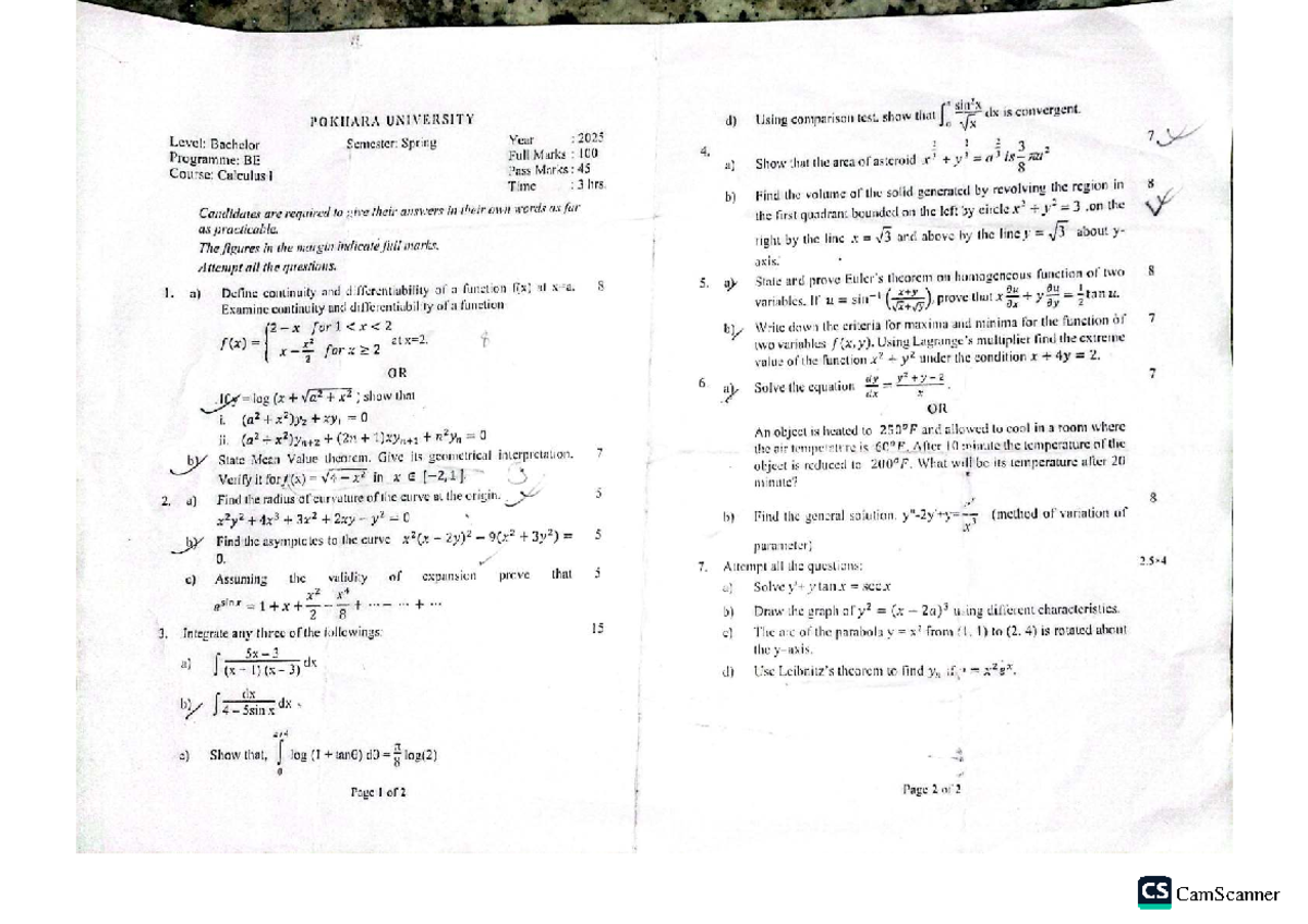 Calculus 1 Final Exam Questions - Spring 2025, Pokhara University - Studocu