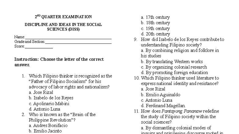 DISS 11 2ND QUARTER EXAMINATION: SOCIAL SCIENCES QUESTIONS - Studocu