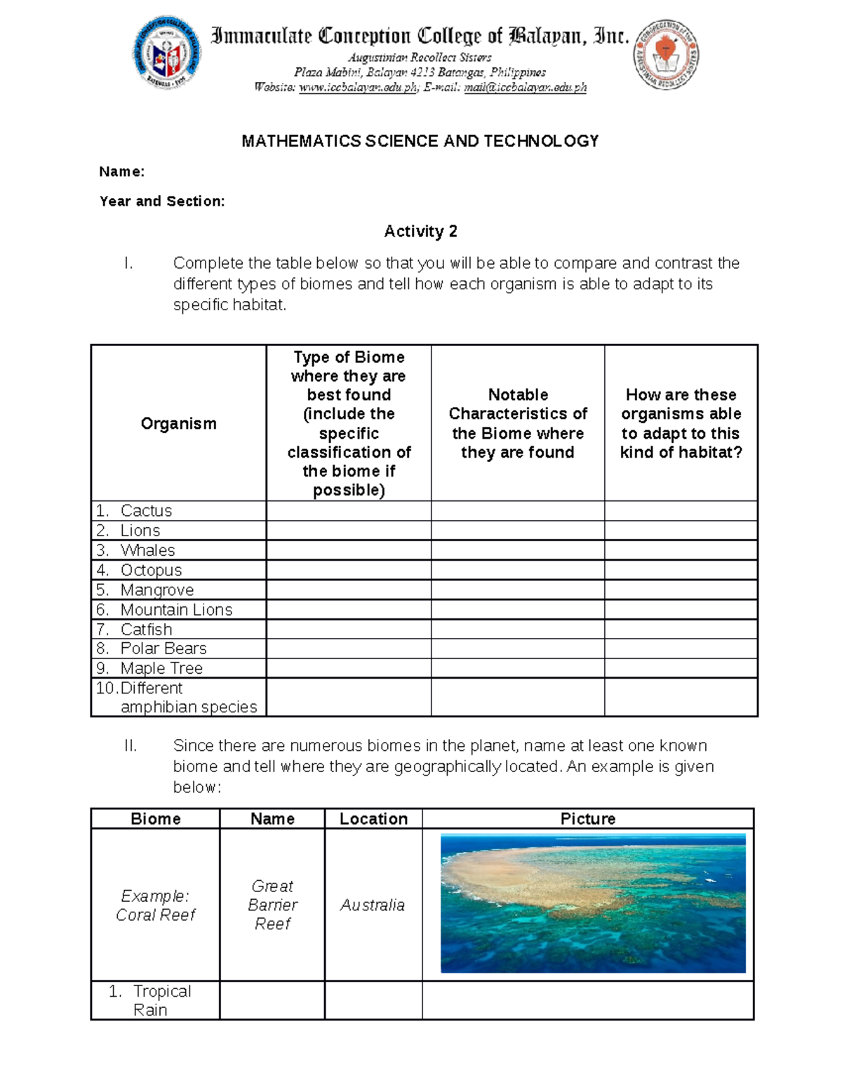 Activity 2 - MST: Comparing Biomes and Organism Adaptations - Studocu