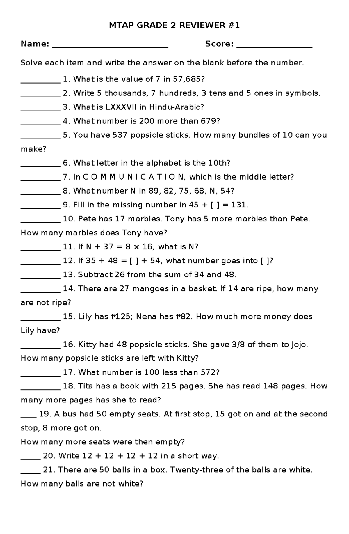 MTAP GRADE 2 REVIEWER: Math Problems & Solutions #1 - Studocu