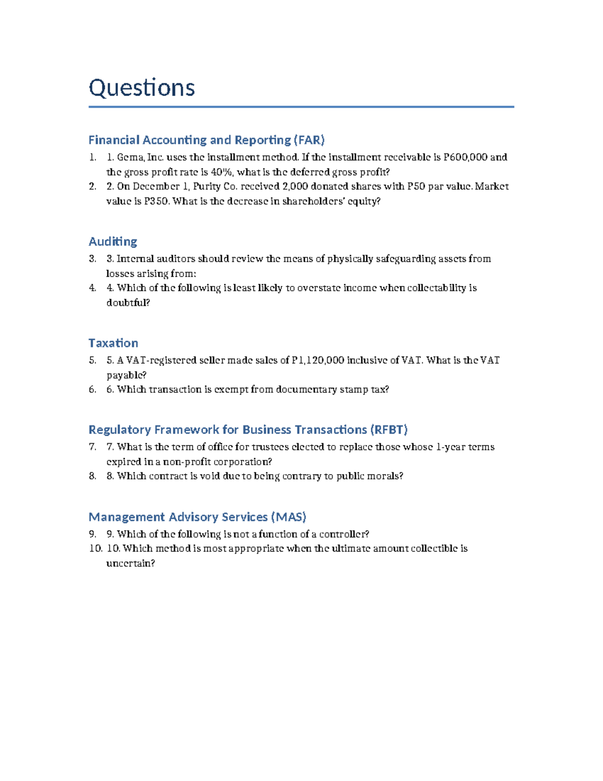 Sample Questions for Financial Accounting and Reporting (FAR) Exam ...
