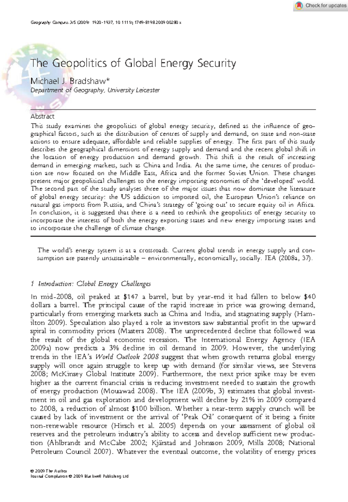 Geography Compass (2009): The geopolitics of global energy security ...