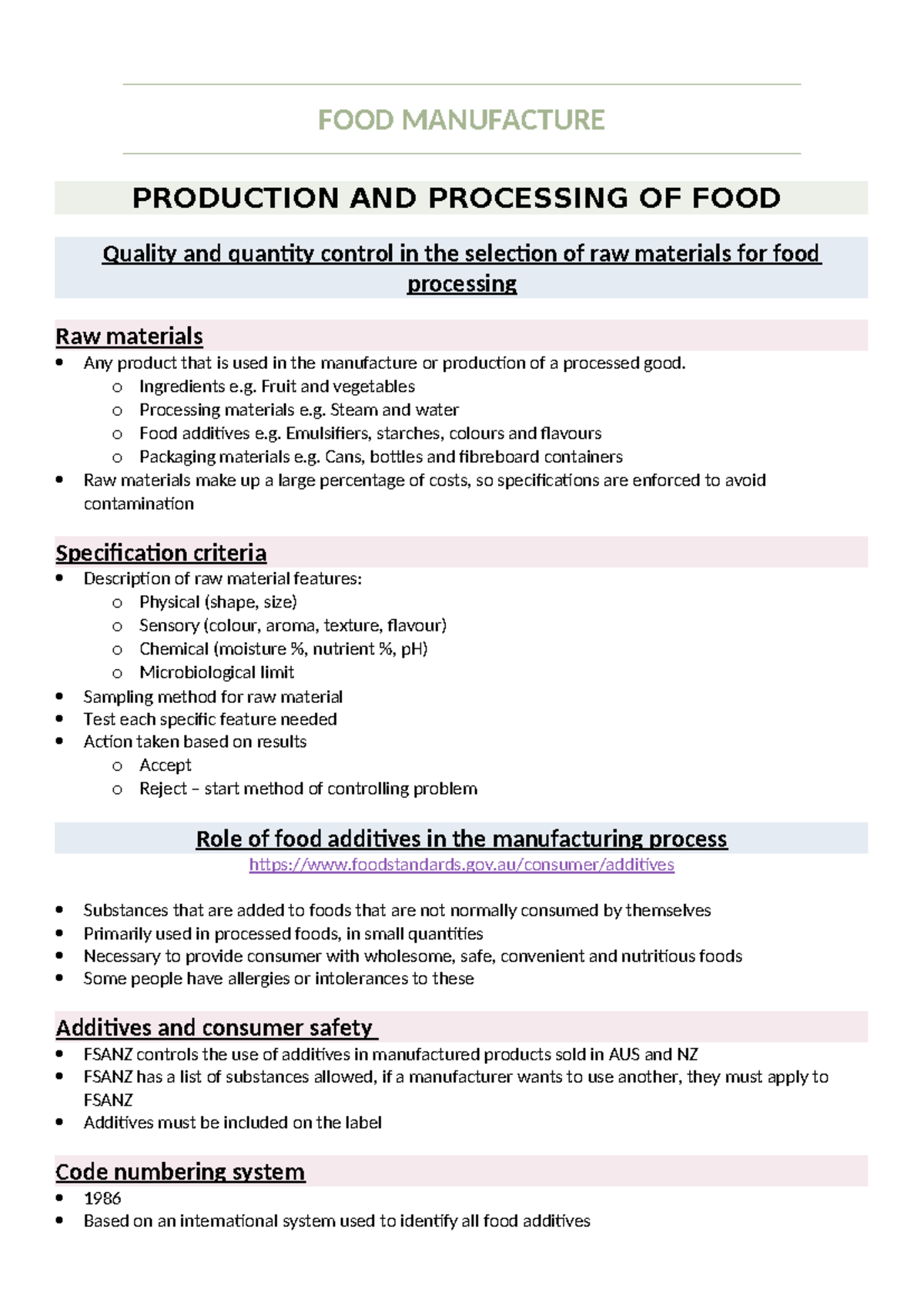 FOOD MANUFACTURE: Quality Control & Processing Techniques (Course Code ...
