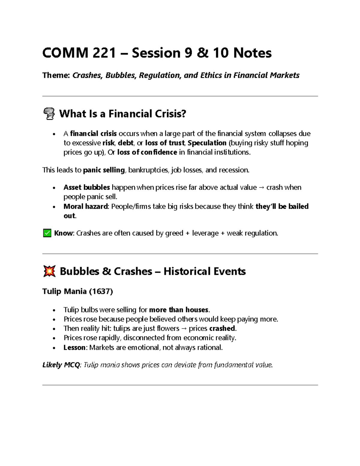 Comm 221 Session 9 Notes Financial Crises Bubbles And Regulation