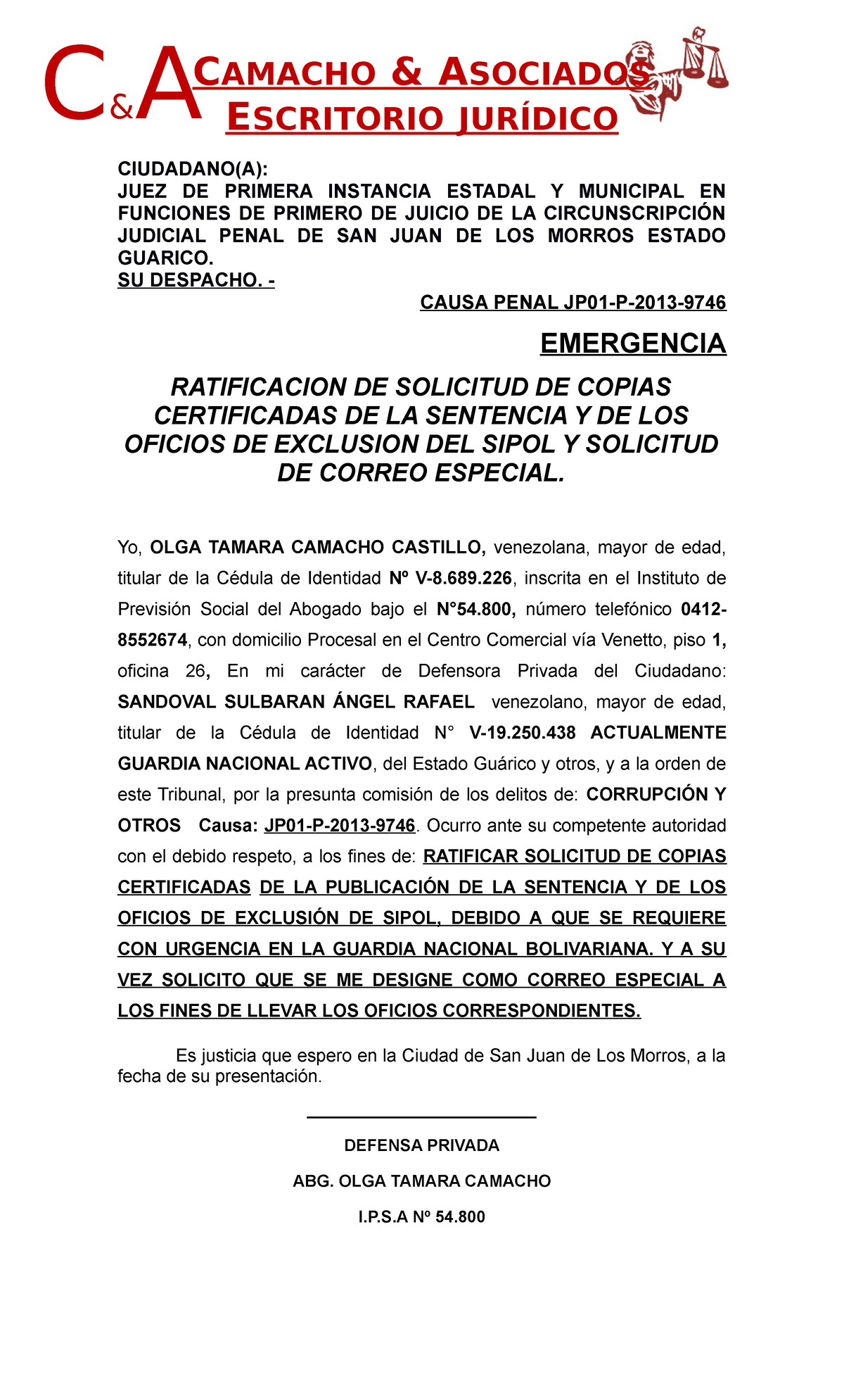 Solicitud DE Ratificacion Sandoval 1222 - C AMACHO & ASOCIADOS E ...
