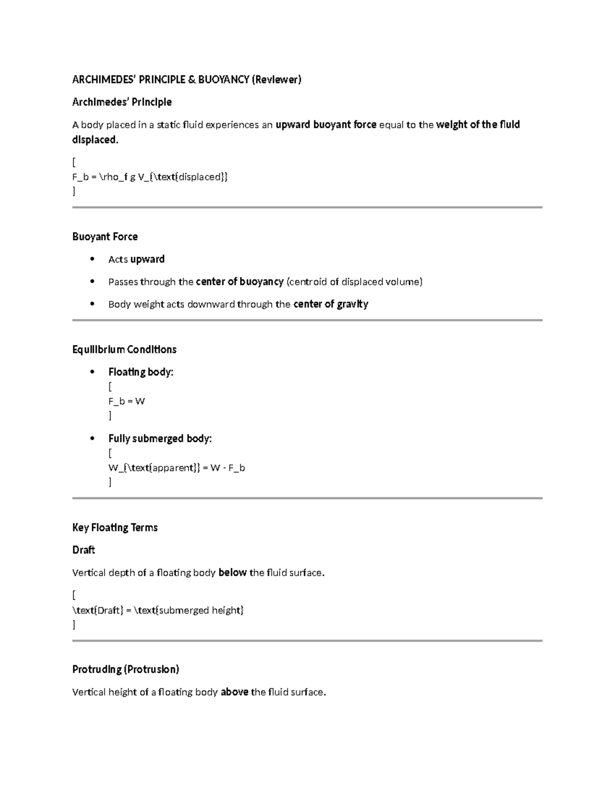 BUOYANCY PRINCIPLES REVIEW (Hydrostatics) - Studocu
