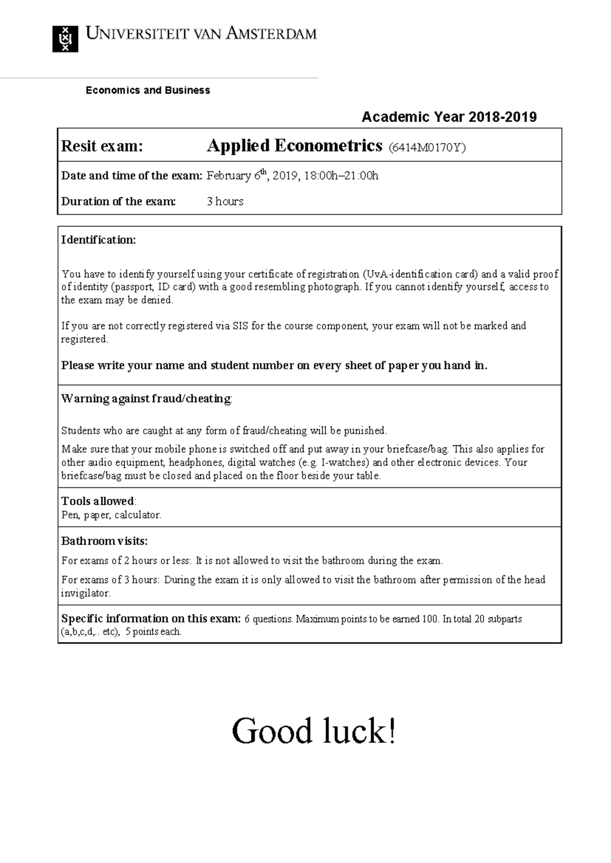 Resit Exam on Applied Econometrics (6414M0170Y) - February 6, 2019 ...