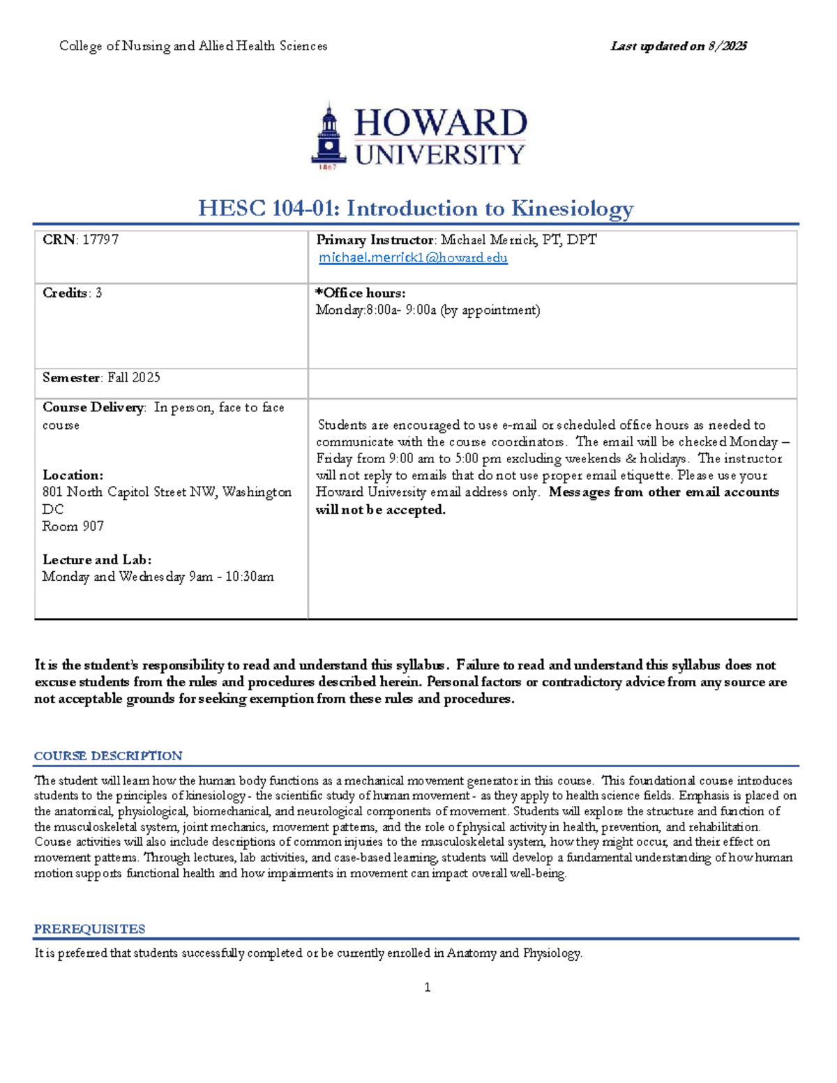 HESC 104-01 Intro to Kinesiology Syllabus Fall 2025 - Studocu