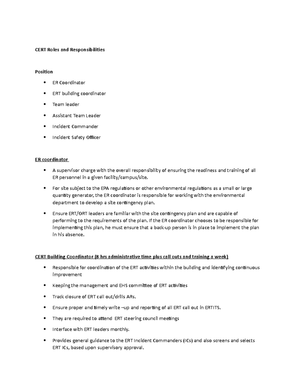 ERT Roles and Responsibilities - CERT Roles and Responsibilities ...