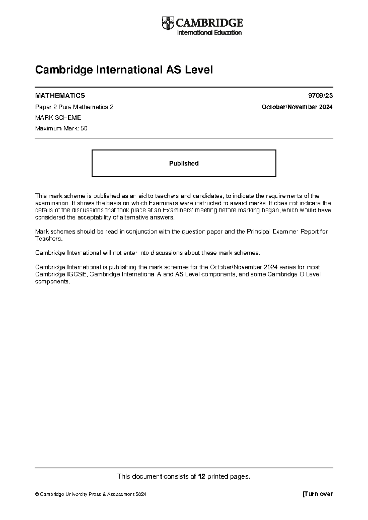 Cambridge International AS Level Mathematics 9709 W24 Paper 2 Mark ...