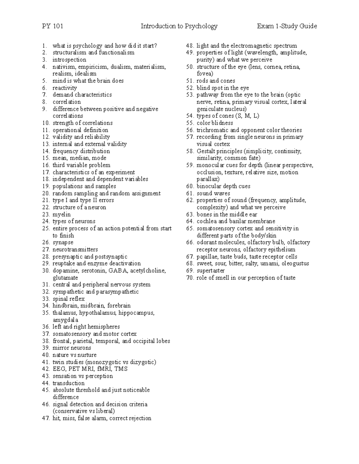 PY 101 Introduction to Psychology Exam 1 Study Guide - Studocu