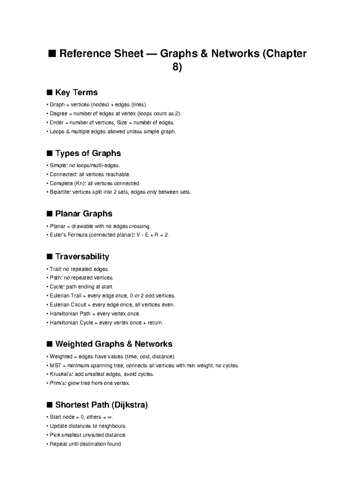 Graphs and Networks Reference Sheet (Chapter 8) Key Terms - Studocu