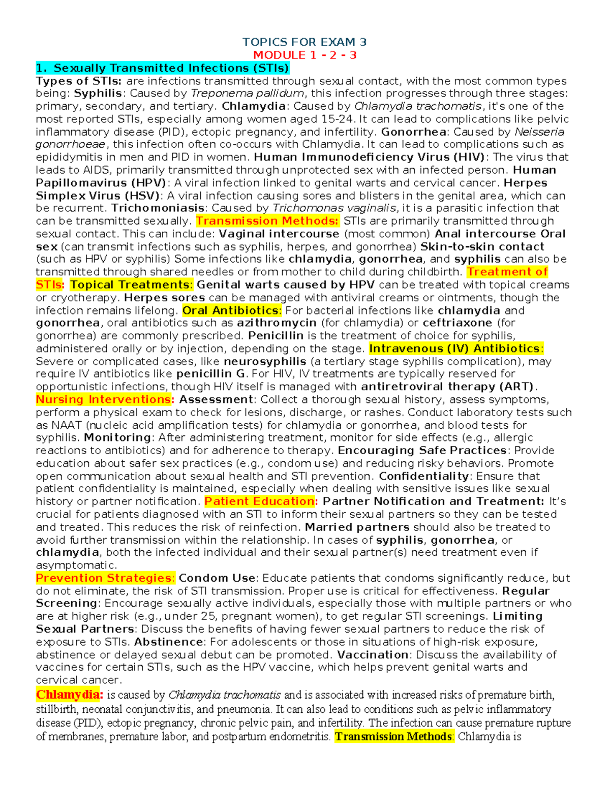 Topics for Exam 3: STIs, Treatment, and Nursing Interventions - Studocu