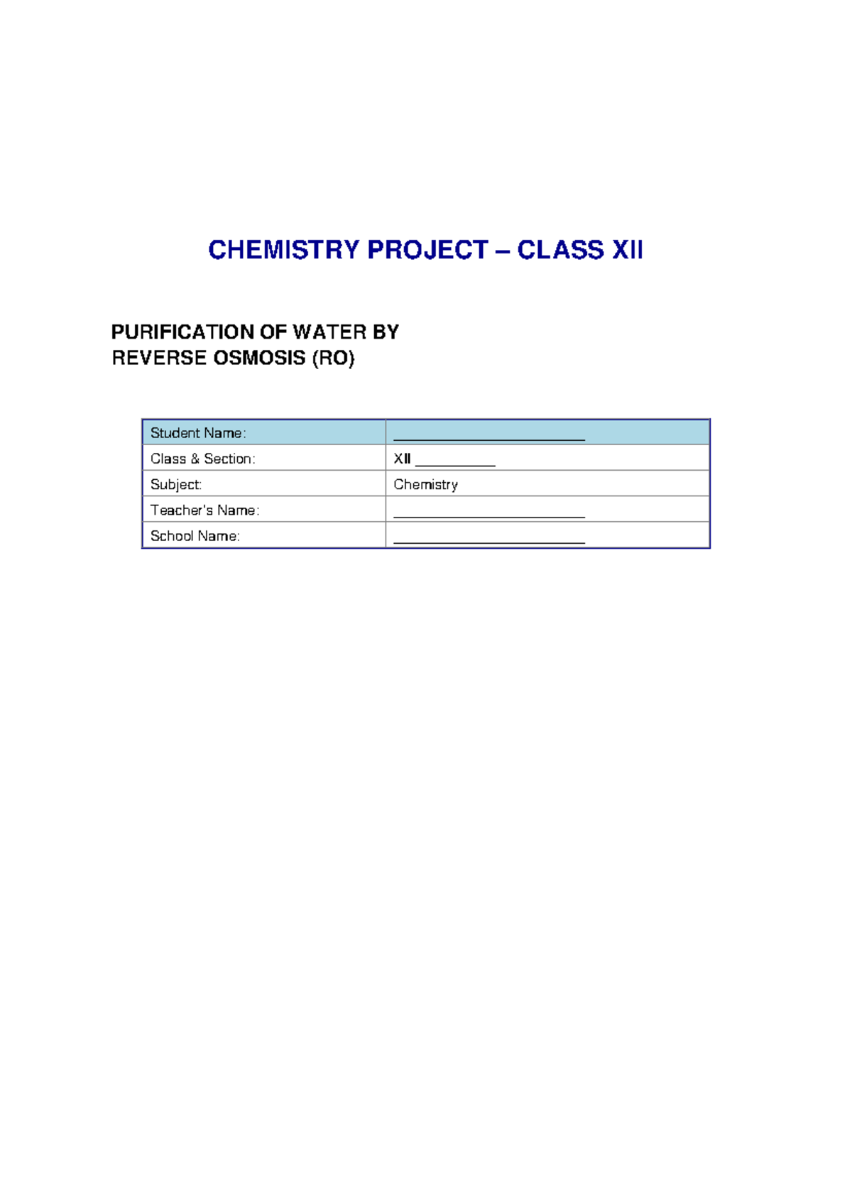 CHEMISTRY PROJECT CLASS XII: PURIFICATION OF WATER USING RO - Studocu