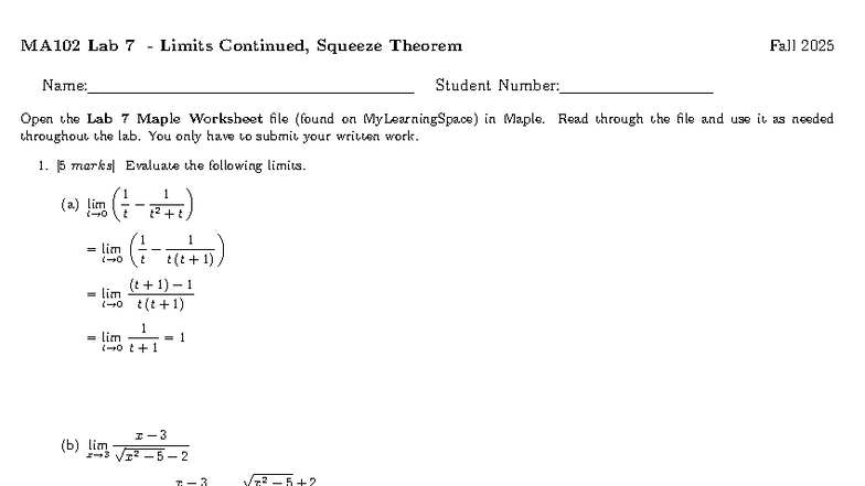 MA102 Lab 7 Solutions: Limits & Squeeze Theorem Analysis - Studocu