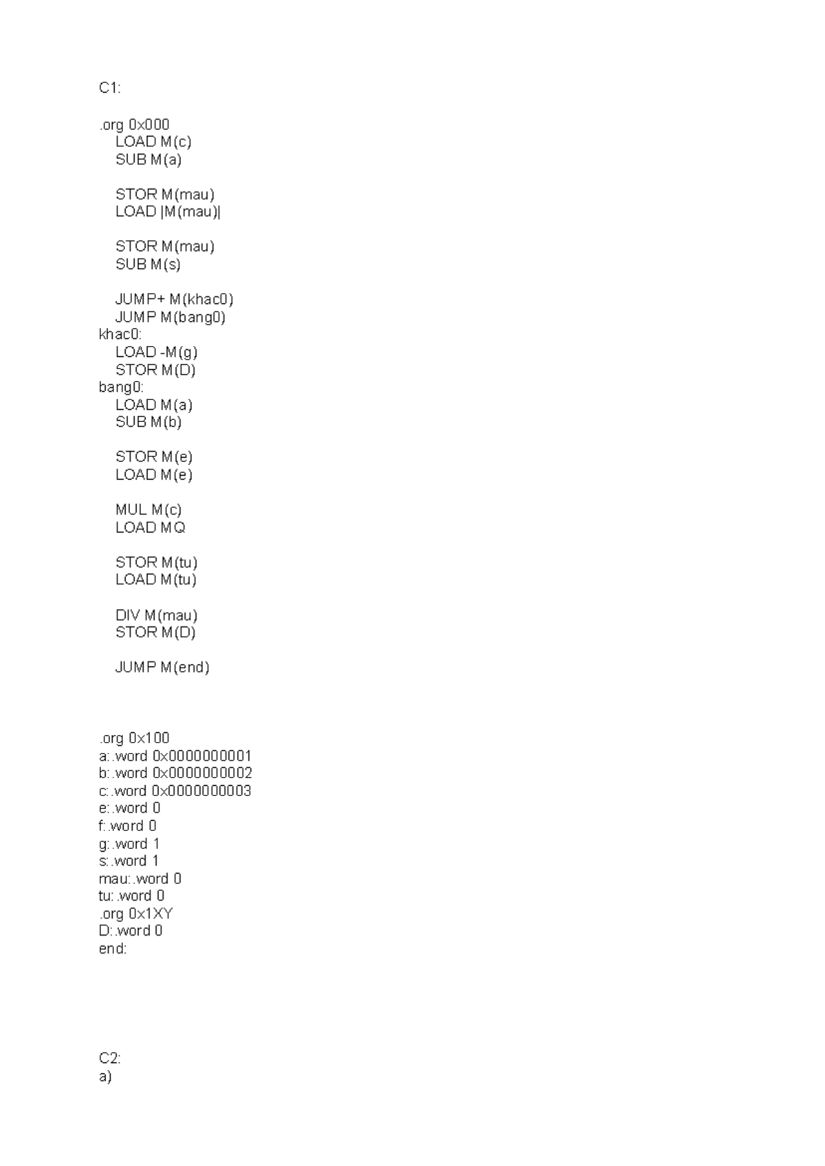 Assembly Language Program: C1 Section Code for Project - Test IAS ...