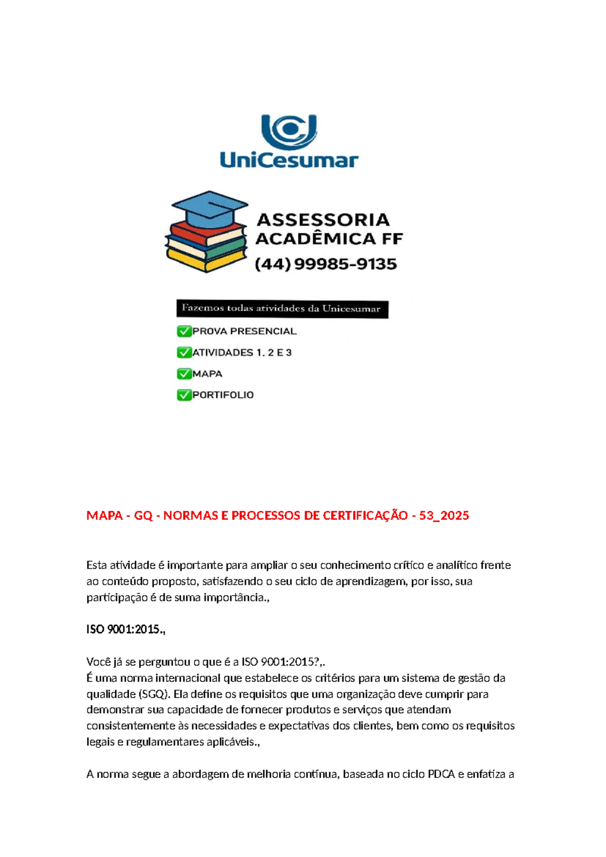 MAPA GQ: Normas e Processos de Certificação ISO 9001:2015 - Studocu