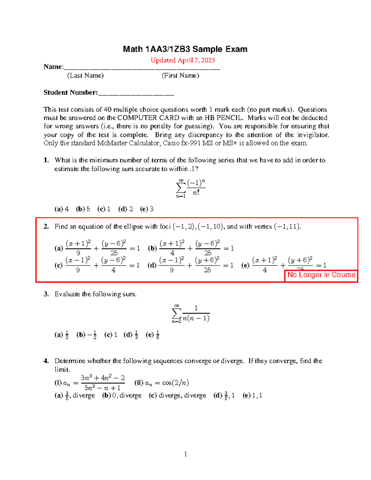 Sample Exam - Math 1ZB3: Updated April 2023 with 40 Questions - Studocu