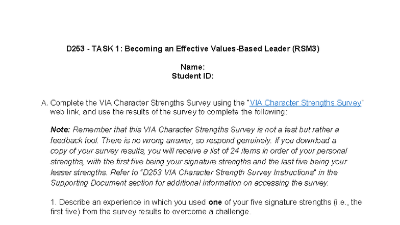 D253 RSM3 Task 1: Utilizing Character Strengths in Leadership - Studocu