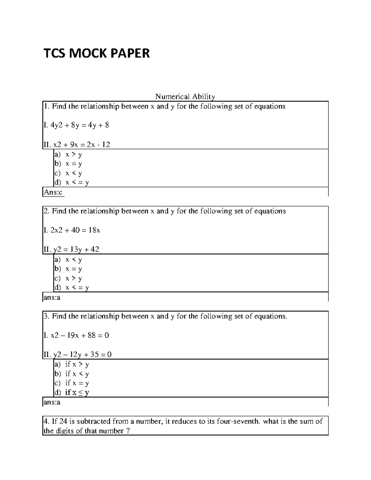 TCS MOCK Sample Paper - Good quality question - TCS MOCK PAPER ...