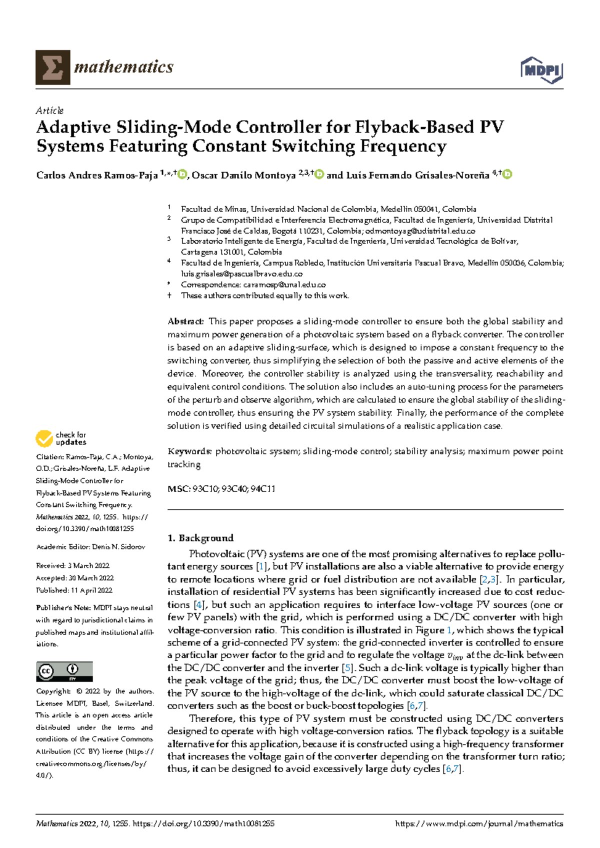 Mathematics 10-01255: Adaptive Controller for PV Systems with Constant ...