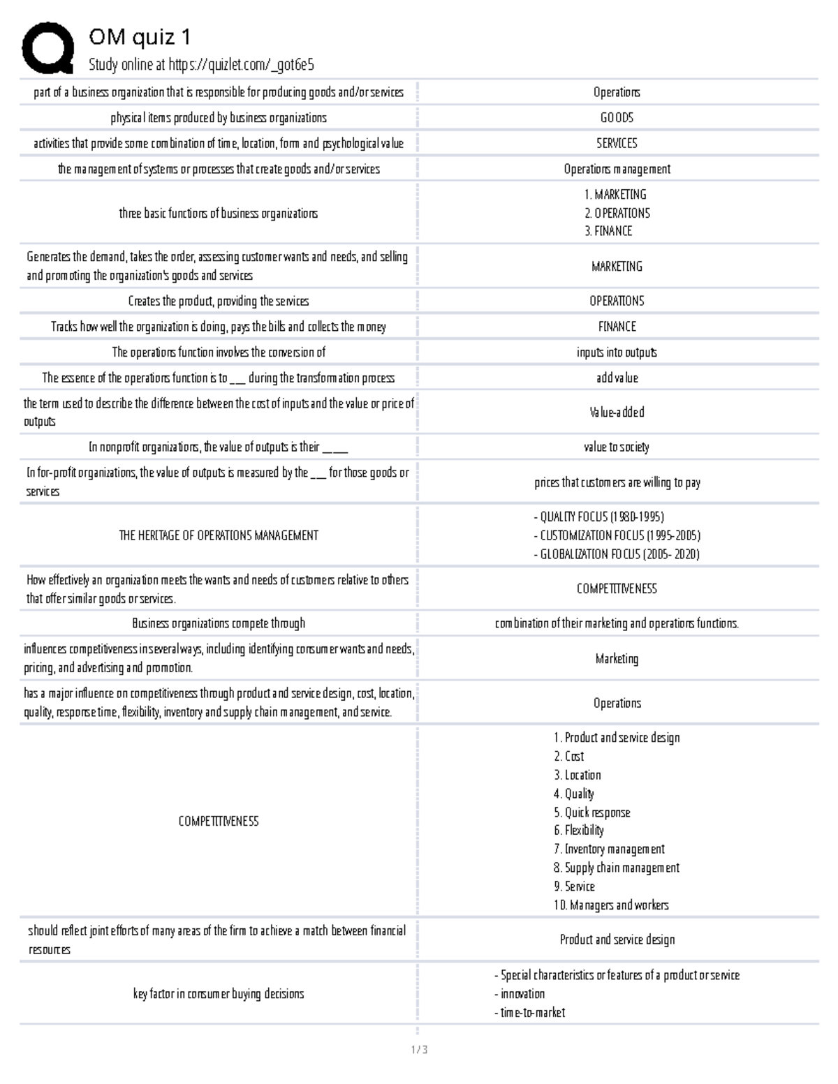 OM Quiz 1 Study Guide: Key Concepts in Operations Management - Studocu