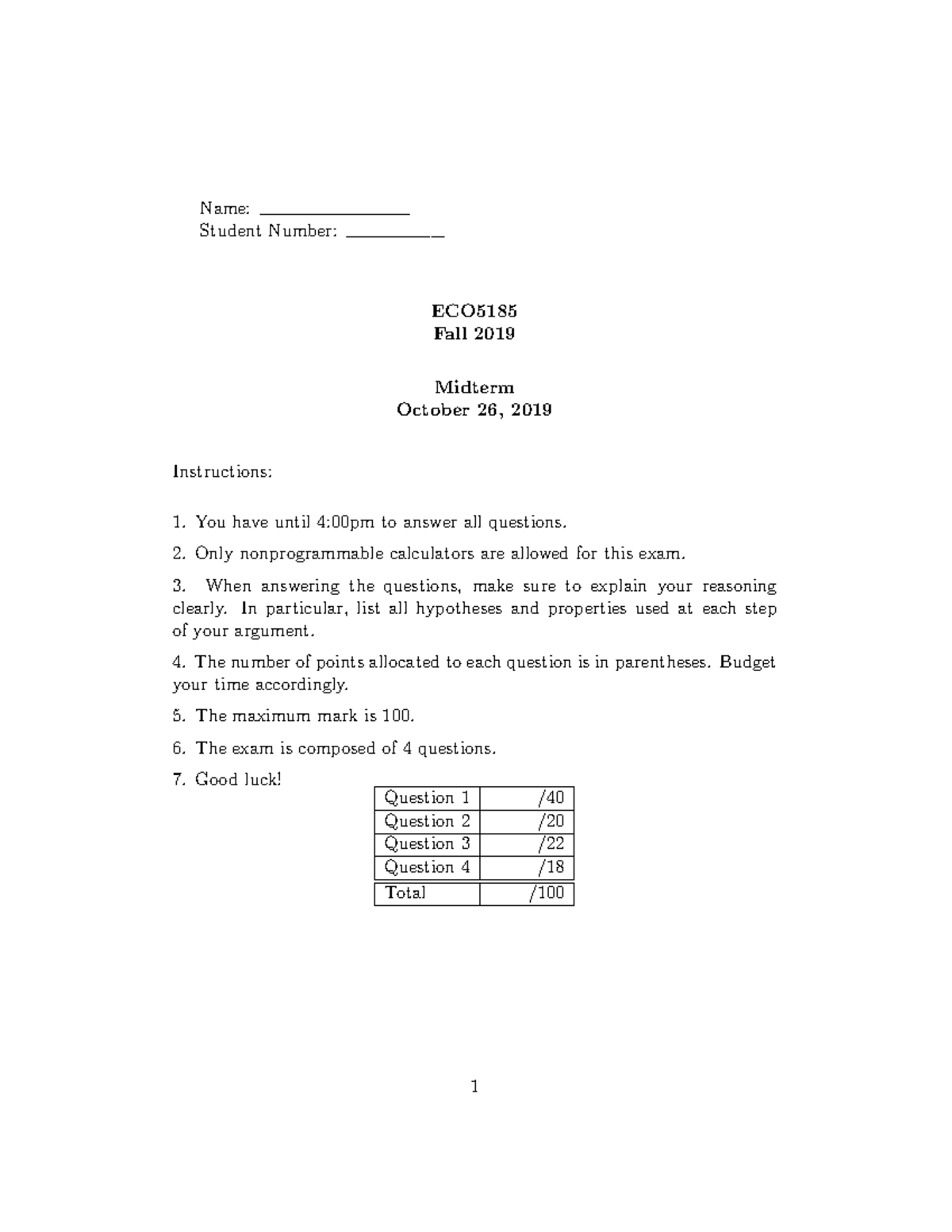 ECO Midterm Exam Questions - October 2019 (Fall Semester) - Studocu