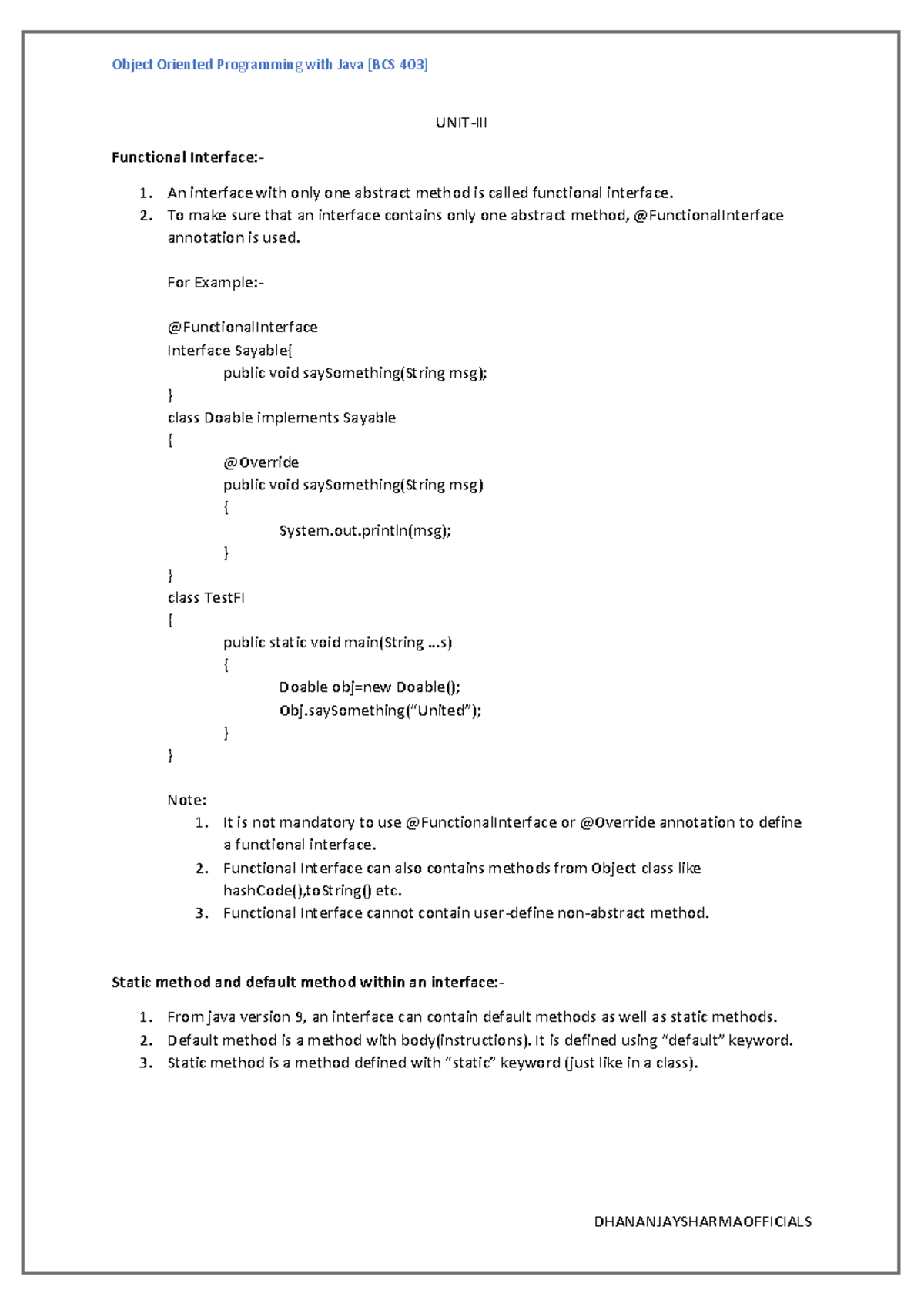 Java Unit III: OOP Concepts and Functional Interfaces Notes - Studocu